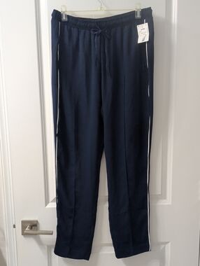 Ladies Lightweight Navy Drawstring Track Pants with Side Stripe
